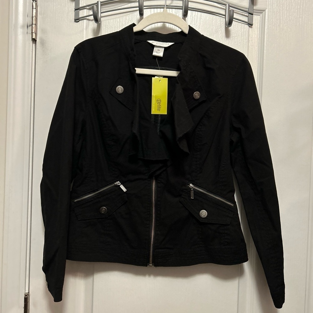 Christopher & Banks canvas jacket MP Black Ruffled Collar Size medium Petite NWT